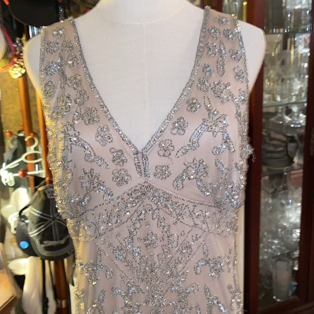 Pisarro Nights Beaded Mesh Column silver and gold beading Gown Womens Size 14 - Picture 2 of 11
